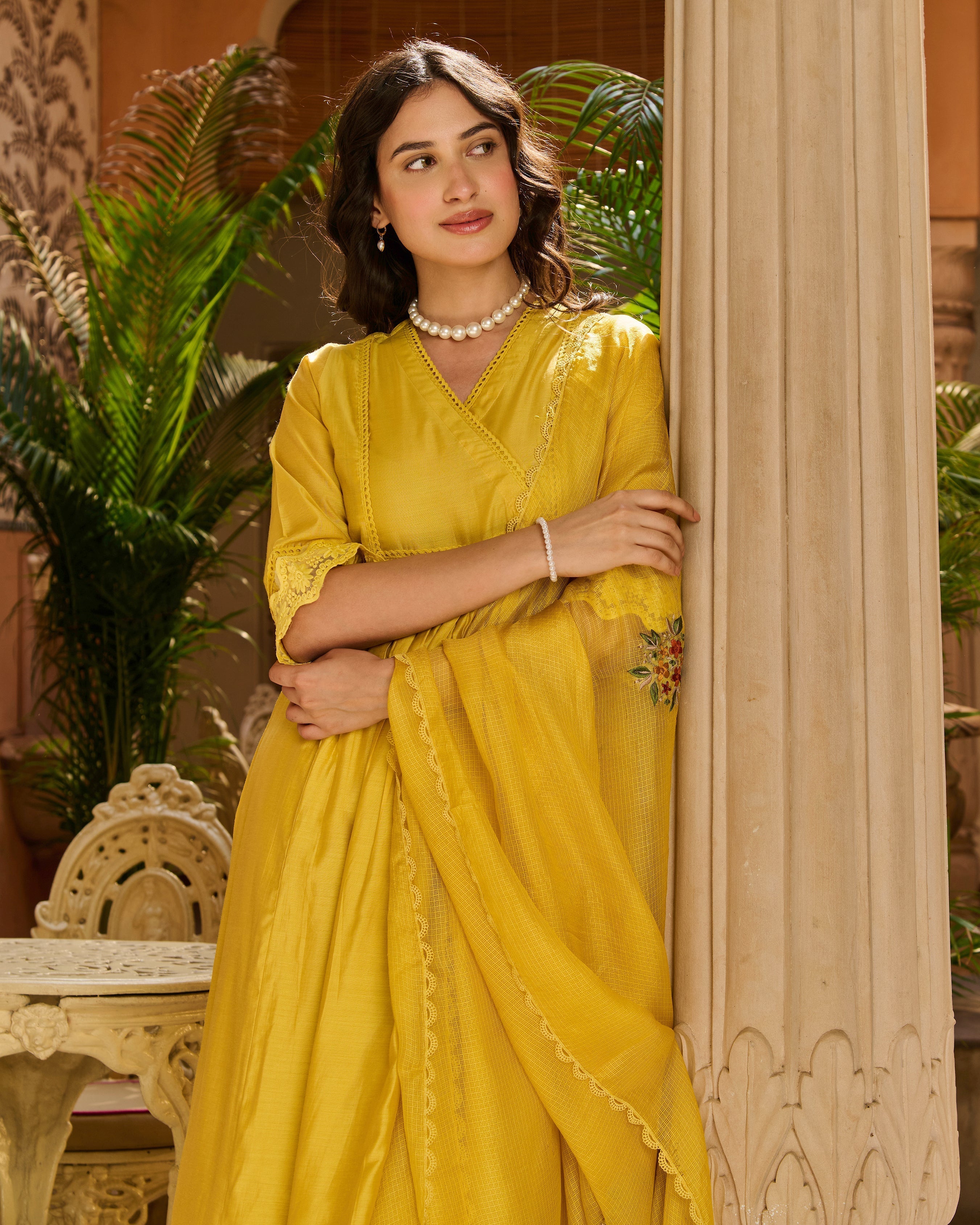 Anoop Yellow Embroidered Chanderi Suit Set